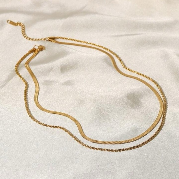 18K Gold Plated Double Layered Necklace*Herringbone Snake Chain*Rope Chain*YB - Picture 5 of 6